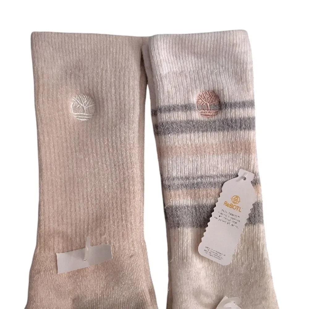 Timberland 2 Pairs Cushioned‎ Boot Socks Logo Pink Grey White Striped NWT